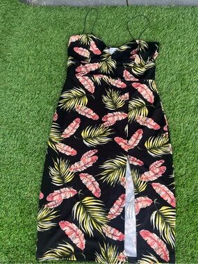 Revamped Black Tropical Leaf Midi Dress with Pink & Yellow Print
